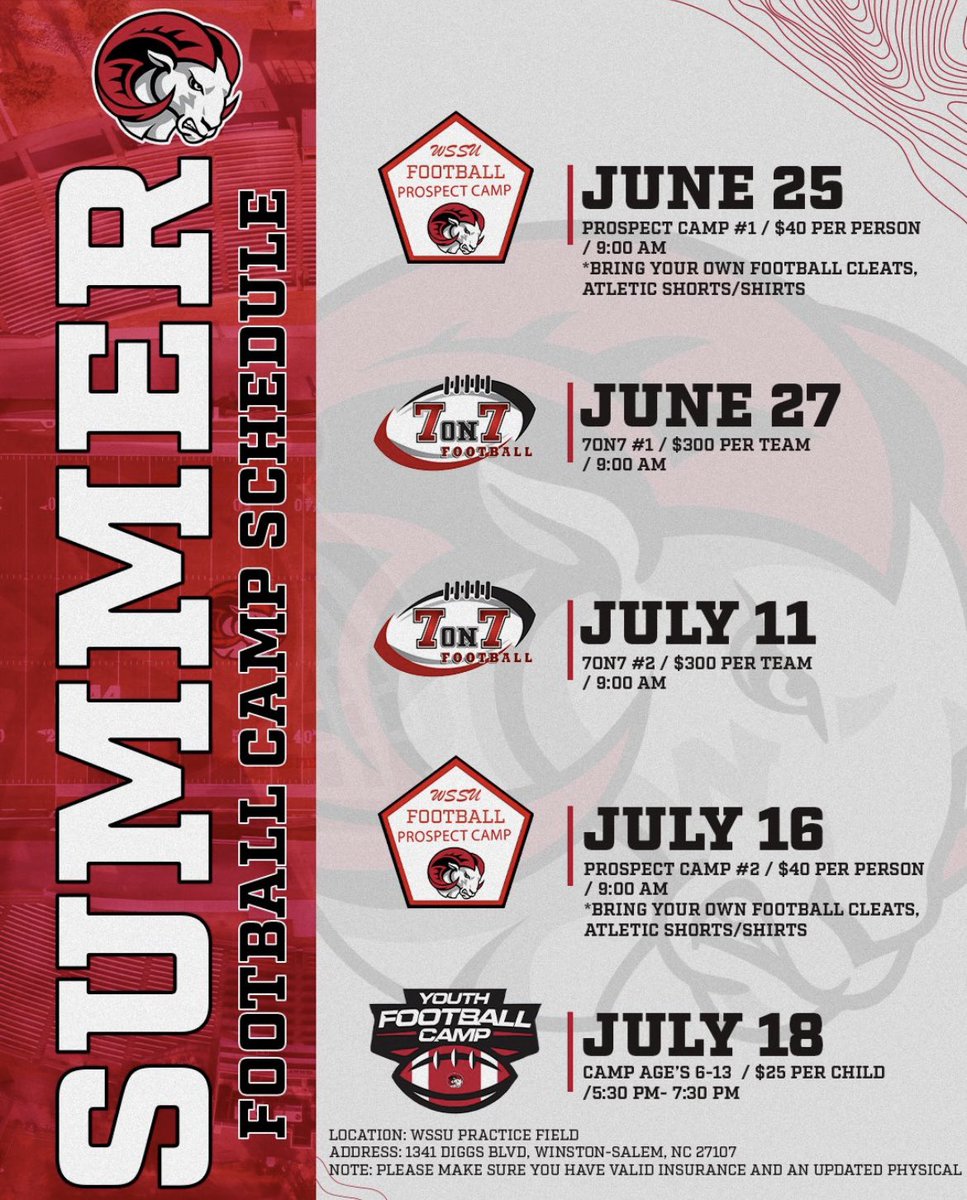 Come join the Rams this summer !!! WSSU is the place to be 🔥🔥 make sure you don’t miss out on the opportunity to showcase your talents 🏈🏈