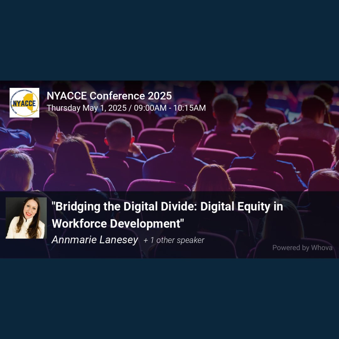 ⏰ Just days away!
Join <a href="/amlanesey/">amlanesey</a> on May 1, 9:00–10:15AM at #NYACCE2025 for
 “Bridging the Digital Divide: Digital Equity in Workforce Development” 💻💼
Don't miss this important convo on inclusive workforce growth.
🔗 nyacce.org/Conference-2025