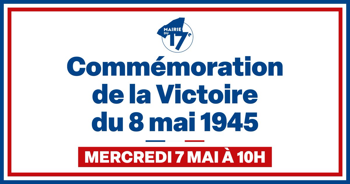 Mercredi 7 mai à 10h, nous vous invitons à rendre hommage aux combattants de la Seconde Guerre mondiale et à tous ceux qui se sont battus pour la liberté. 🕊️ 

📍 Place Richard Baret &amp; devant le monument aux morts de la Mairie du 17e

#Paris17 #Commémoration