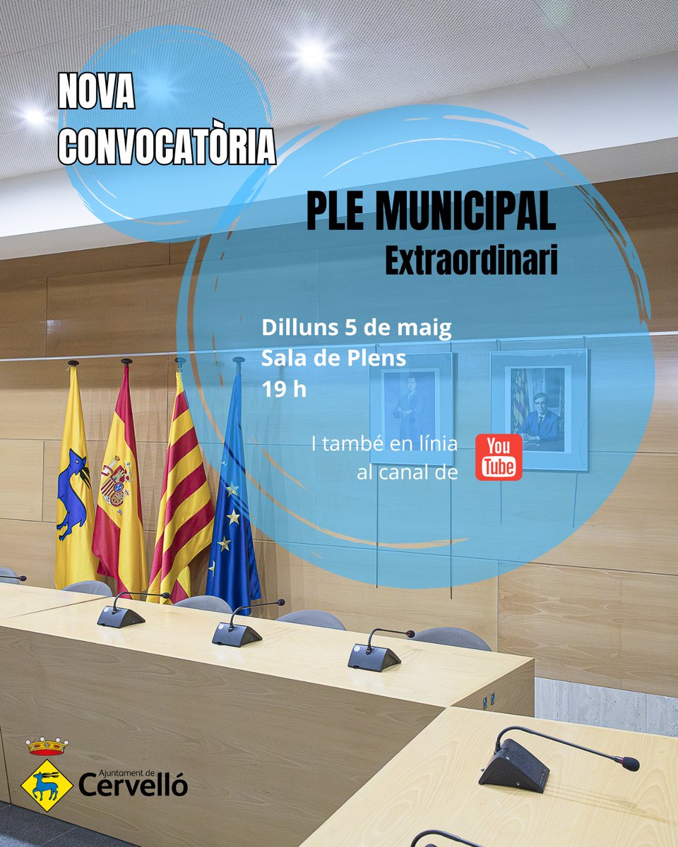 El Ple extraordinari ajornat ahir a causa de l'apagada de llum general, es convoca per al dilluns 5 de maig, a les 19 h ℹ️
El podreu seguir també a través del canal de YouTube de l'Ajuntament 🖥

#PleMunicipalCervelló
🦌#cervelló