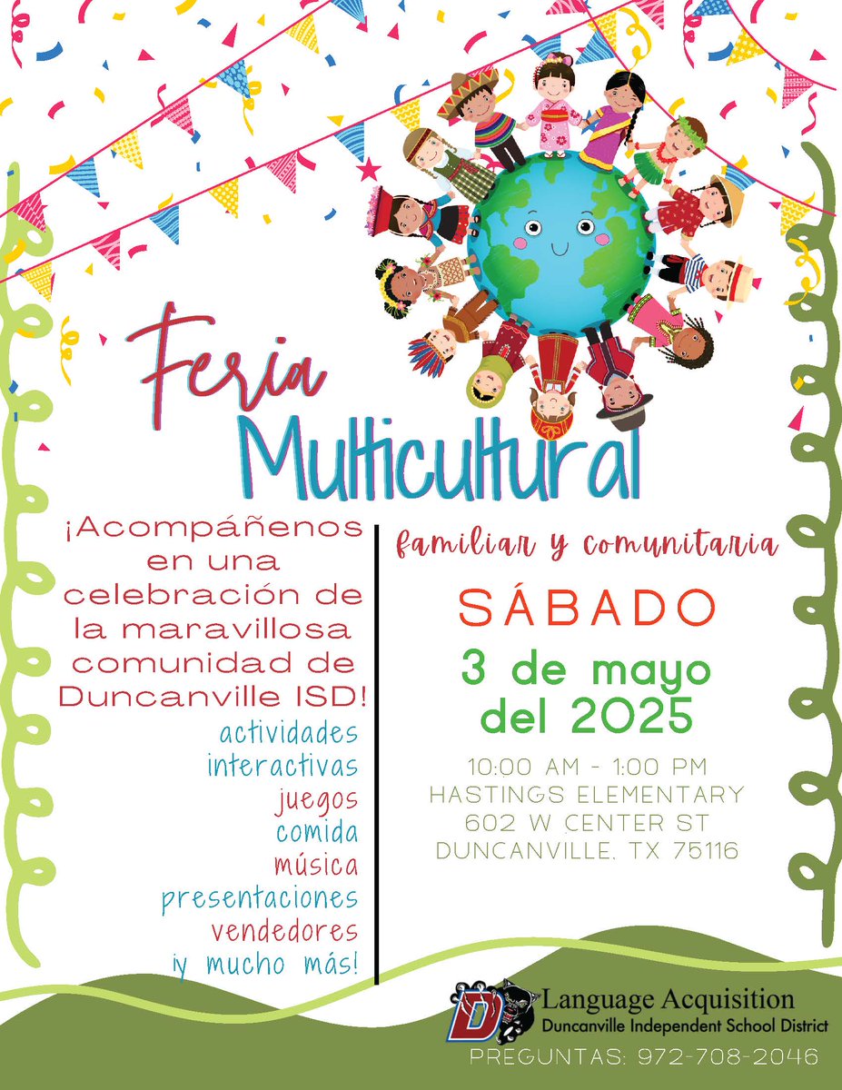 This Saturday, May 3, Duncanville ISD will celebrate our community's diversity at the Multicultural Fair. Please check out the details on the attached flyers. We hope to see you there!
