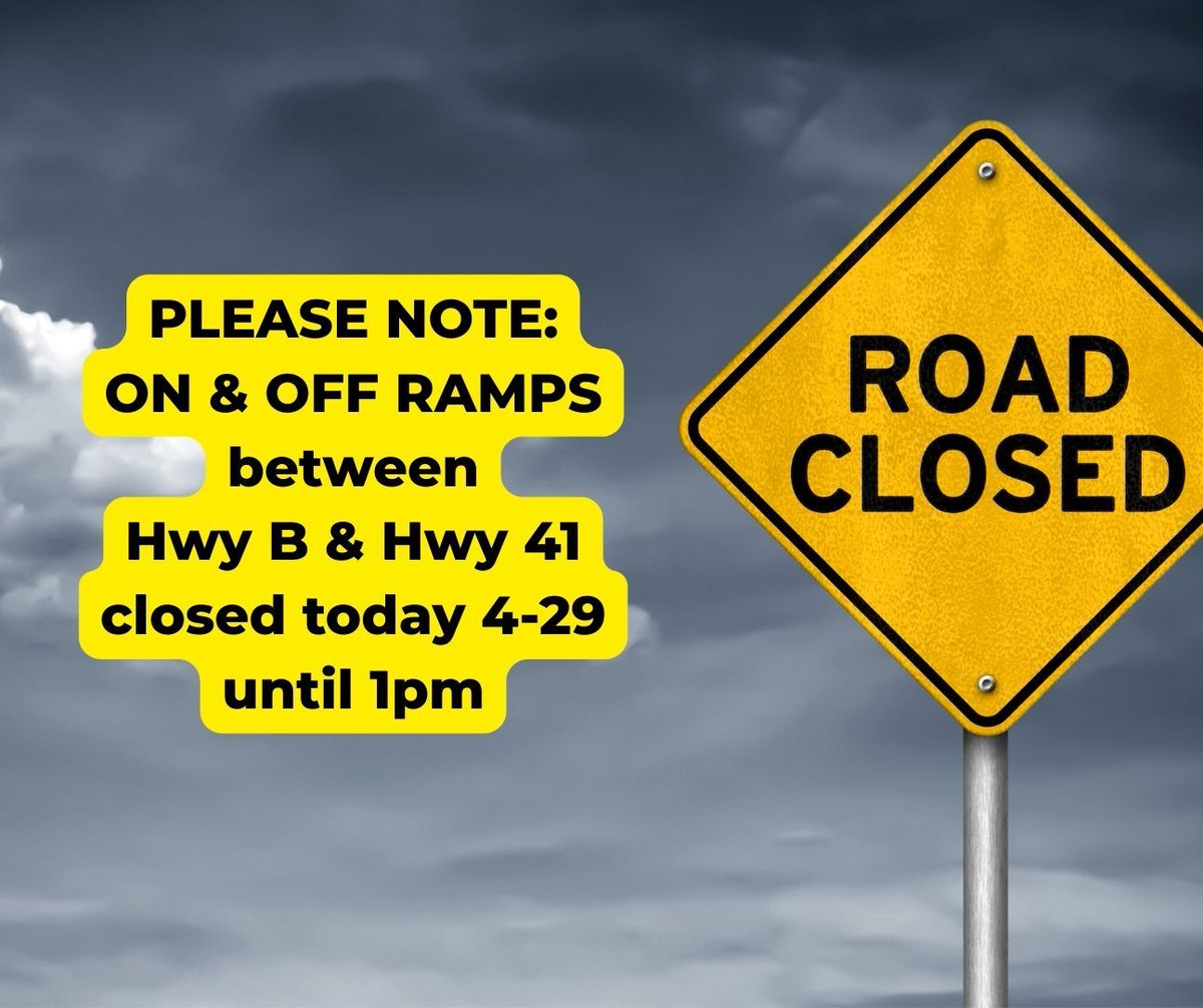 A friendly reminder about today's traffic situation: the on and off ramps from Hwy B and Hwy 41 will be closed today until 1pm. We recommend that NB traffic use the Lineville Rd exit and take the frontage road to Hwy B; SB traffic can exit on Brown Road and take Velp to Hwy B.