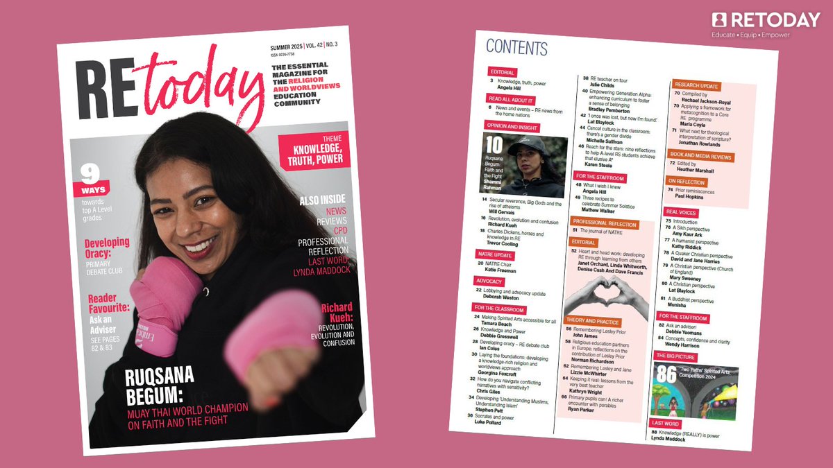 RE_Today's tweet photo. May's issue of REtoday themed 'knowledge, truth &amp; power' is packed with classroom-ready ideas: Spirited Arts for every pupil, tackling cancel culture, boosting oracy, exploring faith through boxing &amp; so much more!

Have a 👀 at the contents page 👉🏽 https://t.co/uRvpfFBT6d https://t.co/Ps3aqBqlYm