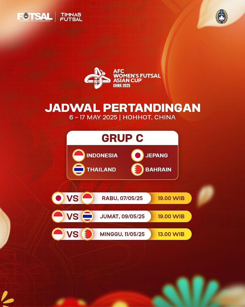 𝗔𝗙𝗖 𝗪𝗼𝗺𝗲𝗻’𝘀 𝗙𝘂𝘁𝘀𝗮𝗹 𝗔𝘀𝗶𝗮𝗻 𝗖𝘂𝗽 𝟮𝟬𝟮𝟱 💫

Dukung terus Garuda Pertiwi untuk meraih prestasi tertinggi. Ini akan menjadi langkah awal menuju Piala Dunia Futsal Wanita 2025.

Mari kita dukung langkah Garuda Pertiwi 🦅🇮🇩

Bersama menuju prestasi dunia 🌎 🦅