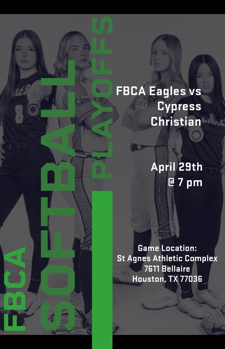 FBCA_Softball's tweet photo. 🥎IT’S GAME DAY!!! 🥎

Who: Fort Bend Christian vs Cypress Christian 

What: Bi-District Play-Off

When: Tues, April 29th @ 7pm

Where: St. Agnes Athletic Complex, 7611 Bellaire Houston, TX 77036

🗣️ LET’S GO!!! 🦅🥎

Check us out on livestream:

https://t.co/su3pOFo25V

@txaces57 
@FBCAathletics 
@FBEagles 
@EaglesontheAir 
@MaxPrepsTX 
@TAPPSbiz 
@vypehouston 
@PrepSoftball 
@ExtraInningSB