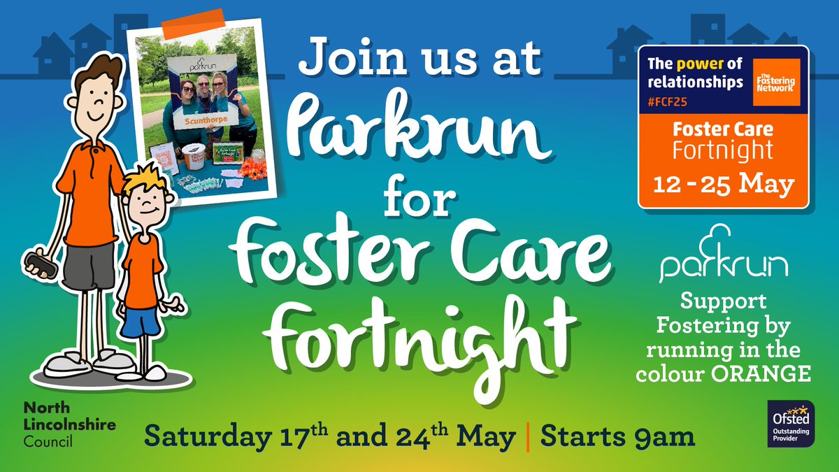 Join us at your local Parkrun to celebrate Foster Care Fortnight, you can show your support by wearing orange. #ThePowerofRelationships!

Lace up your trainers on Saturday 17th May. The 5k run will start at 9am, and it’s also a fantastic way of getting active.🧡

#FCF25 #Parkrun