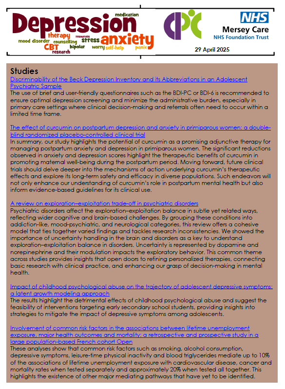 Our latest Depression &amp; Anxiety bulletin: Discriminability of the Beck Depression Inventory and its Abbreviations in an Adolescent Psychiatric Sample; The effect of curcumin on postpartum depression and anxiety in primiparous women; &amp; more  evidentlybetter.org/depression-anx…