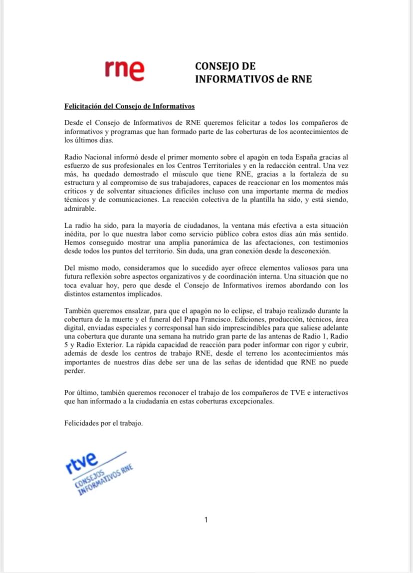 Tanto el #apagón como el fallecimiento y funeral del #PapaFrancisco han demostrado la fuerza informativa del medio radiofónico y muy especialmente de la radio pública. Desde el Consejo queremos felicitar a todos los compañeros de <a href="/rtve/">RTVE</a> que han participado en ambas coberturas.