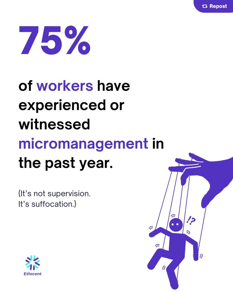 ethicentcom's tweet photo. Micromanagement isn’t a strategy. It’s a signal. 🥵

A signal that says:
🔻 “I don’t trust you.”
🔻 “I need control more than outcomes.”
🔻 “Your ideas don’t matter—just follow orders.”

No surprise: 75% of workers say they’ve felt it or seen it in the last year.

That’s not guidance. 
That’s suffocation.

Here’s what micromanagement actually does:

- Drains initiative
- Breeds silence
- Slows execution
- Drives talent away

Want performance?
✅ Set the vision
✅ Remove blockers
✅ Get out of the way

Your best people don’t need a manager on their shoulder. 
They need one at their back.

Have you ever been micromanaged or caught yourself doing it?

Let’s talk about it.