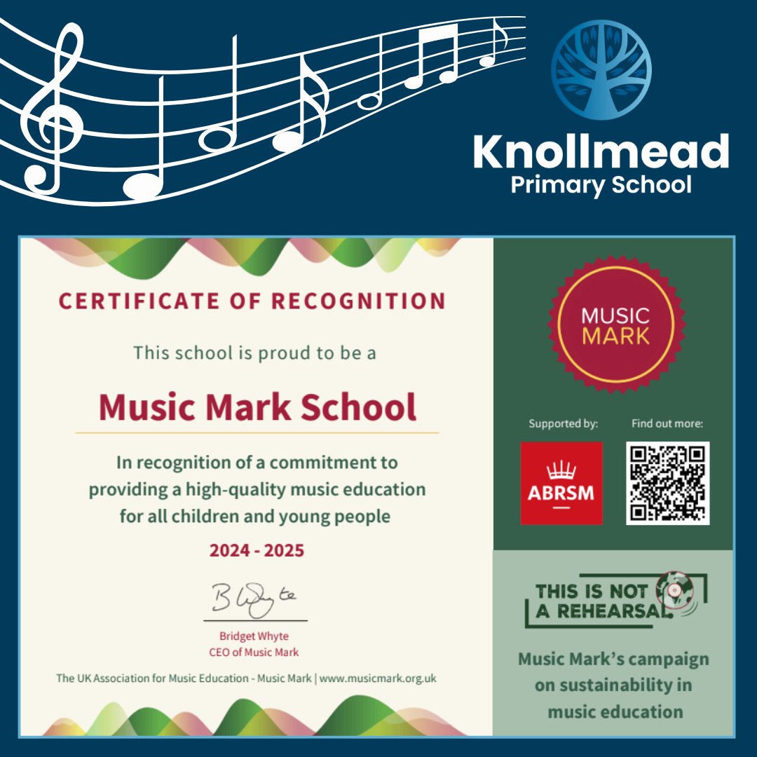 Knollmead Primary Sc (@knollmeadpri) on Twitter photo We are excited to announce that we have been awarded the Music Mark Certificate of Recognition for our commitment to high-quality music education.
#MusicMark We are excited to announce that we have been awarded the Music Mark Certificate of Recognition for our commitment to high-quality music education.
#MusicMark
