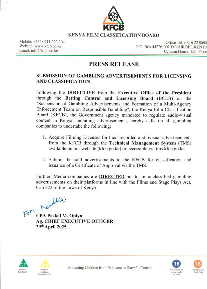 SUBMISSION OF GAMBLING ADVERTISEMENT TO KFCB FOR LICENCING AND CLASSIFICATION.