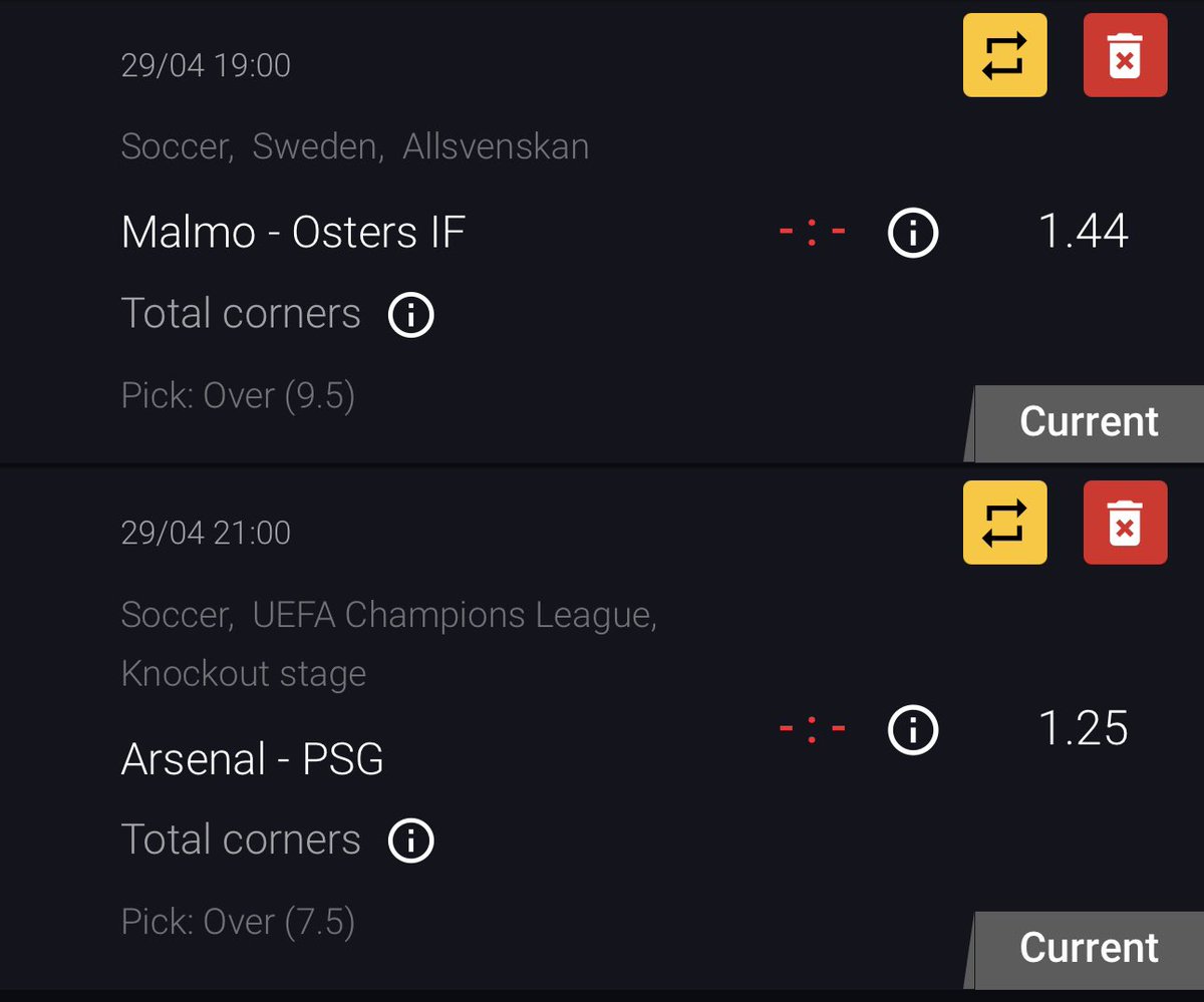 Tippmaster62491's tweet image. 🔥 Corner tips for today! ⚽
• Match: Malmö vs Östers IF (Soccer, Sweden, Allsvenskan)
• Pick: Over 9.5 corners 📈
• Match: Arsenal vs PSG (Soccer, UEFA Champions League, Knockout Stage)
• Pick: Over 7.5 corners 📈
📊 Odds: 1.80 💰
Stake: 4 units 💸
#Betting #CornerTips