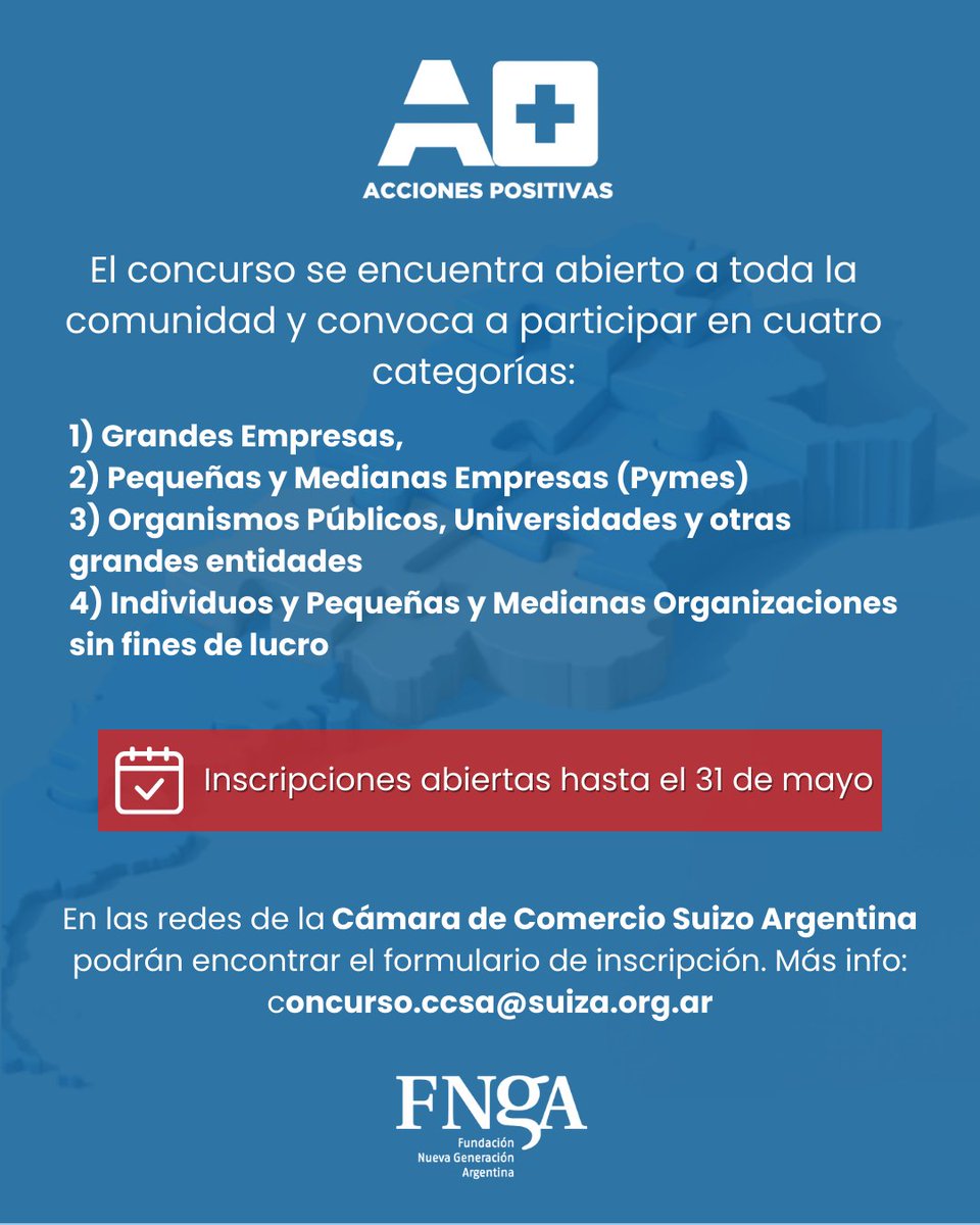 🌍 ACCIONES POSITIVAS 2025: ¡PODÉS VIAJAR A SUIZA A PRESENTAR TU PROYECTO!

✳️ La Cámara de Comercio Suizo Argentina (<a href="/SwissChamAr/">Cámara de Comercio Suizo-Argentina</a>)  lanza la 5ª edición del concurso que premia iniciativas con impacto positivo en el país.

📅 Tenés tiempo hasta el 31 de mayo para postularte