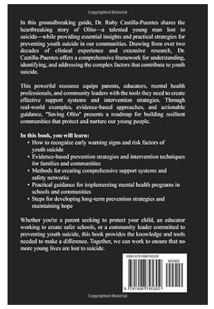 #NuestrosEgresados

Ruby Castilla Puentes, Médica UIS. Especialista en Psiquiatría,  publicó recientemente su libro “Saving Olito: Empowering Communities and Building Resilience to Prevent Youth Suicide

Quienes deseen leer el libro, lo pueden conseguir en a.co/d/8XTSCSd