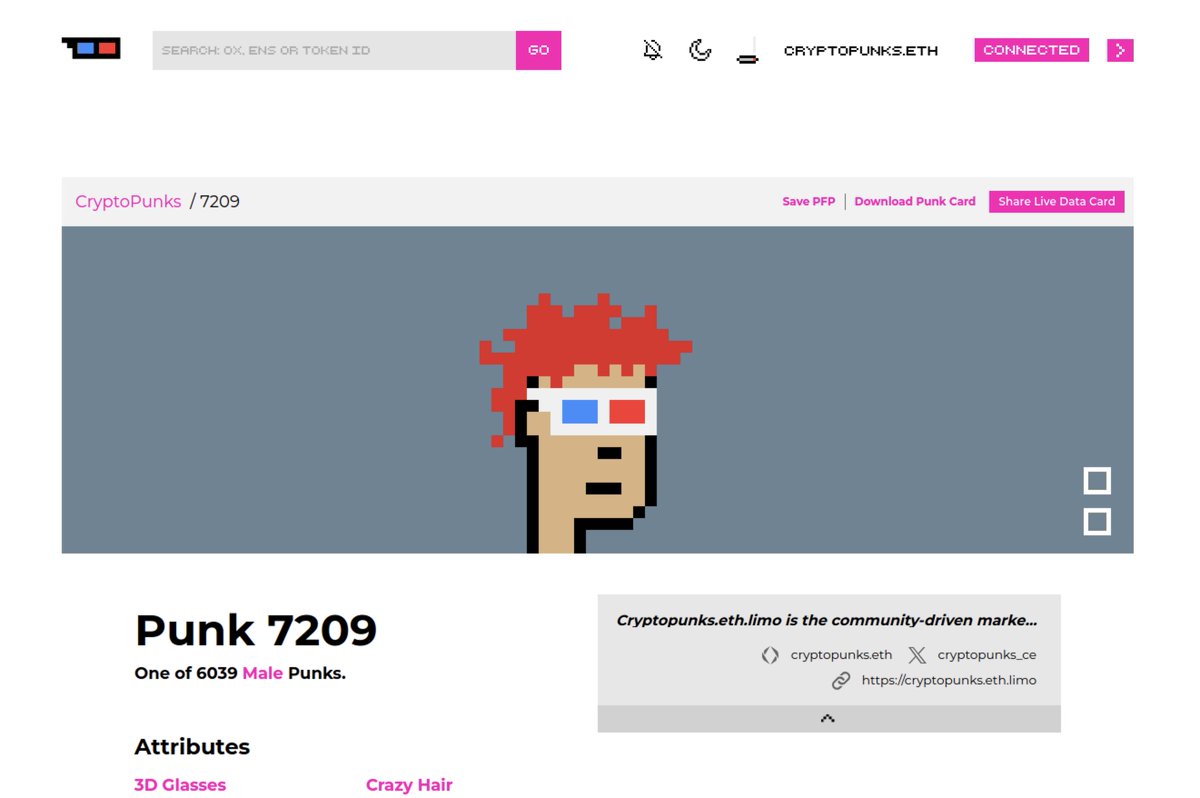 📢 NEW FEATURE ALERT 📢

Great news. We’ve just shipped a new feature for <a href="/ensdomains/">ens.eth</a> users: customization of your Punk and Account Details pages!

Show your socials, including X account, Telegram, Discord, website—plus a little bio text on the CryptoPunks.eth marketplace.