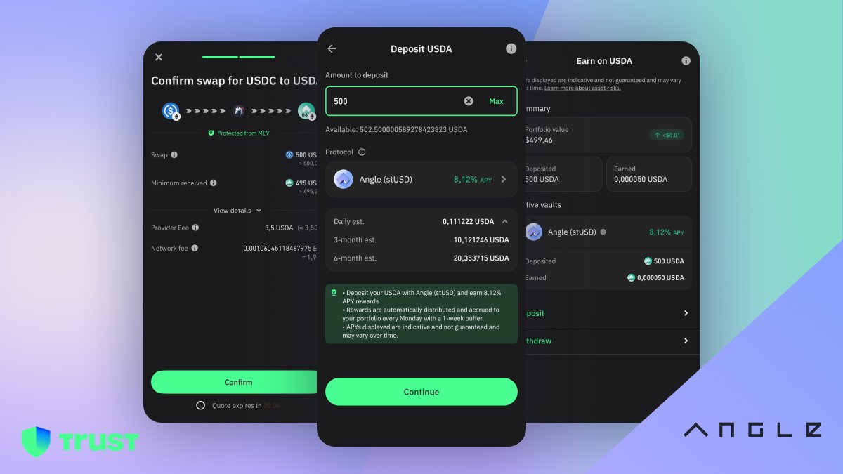 Angle ๐ (@angleprotocol) on Twitter photo Earn 8% on your USD stablecoins directly in <a href="/TrustWallet/">Trust Wallet</a>!
1. Swap your USDT or USDC for USDA
2. Deposit your USDA in one click
3. Start earning yield on your USDA immediately Earn 8% on your USD stablecoins directly in <a href="/TrustWallet/">Trust Wallet</a>!
1. Swap your USDT or USDC for USDA
2. Deposit your USDA in one click
3. Start earning yield on your USDA immediately