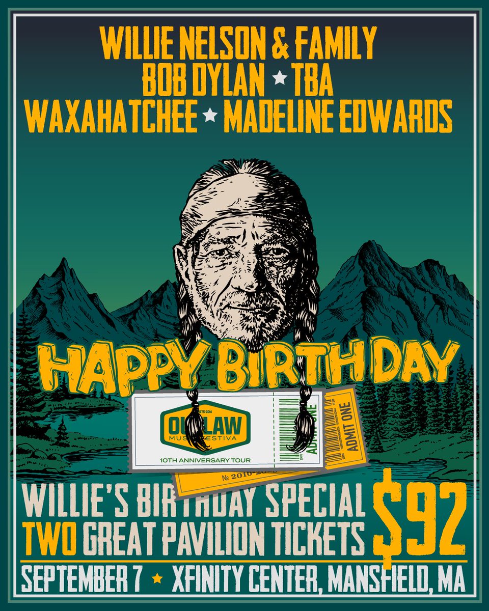 🎉 Willie Nelson is turning 92, and we’re celebrating with a birthday deal you can’t miss: 2 tickets for just $92!

🎟️ Join us at Xfinity Center on 9/7 for a night of unforgettable music and honor a true outlaw legend. Get yours before they’re gone! livemu.sc/3S8YlZl