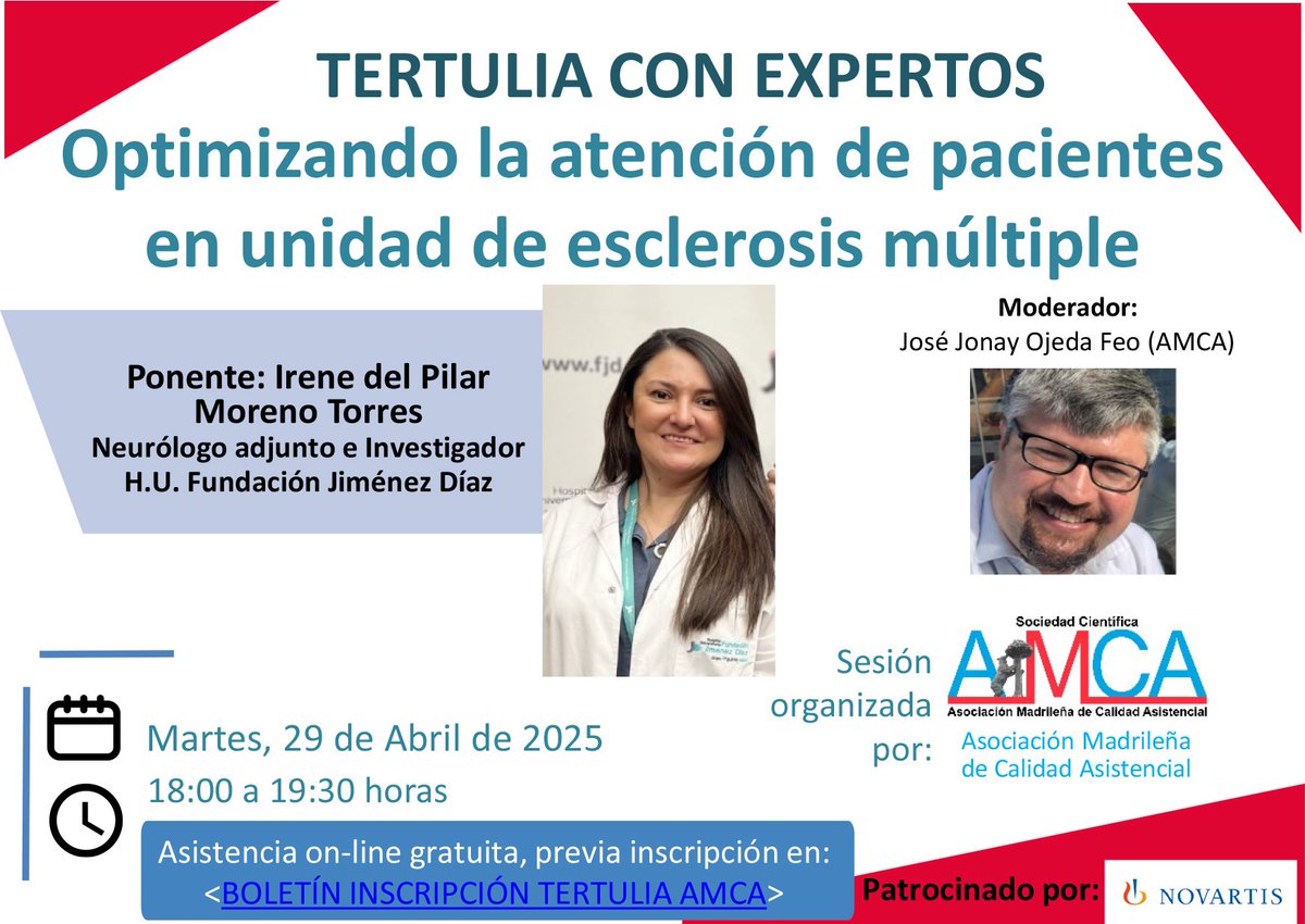 📢 Hoy a las 18:00h no te pierdas la Tertulia <a href="/AMCASISTENCIAL/">AMCA</a> "Optimizando la atención de pacientes en unidad de #EsclerosisMúltiple"
Evento online gratuito previa inscripción:
app.bipeek.com/registro-event…