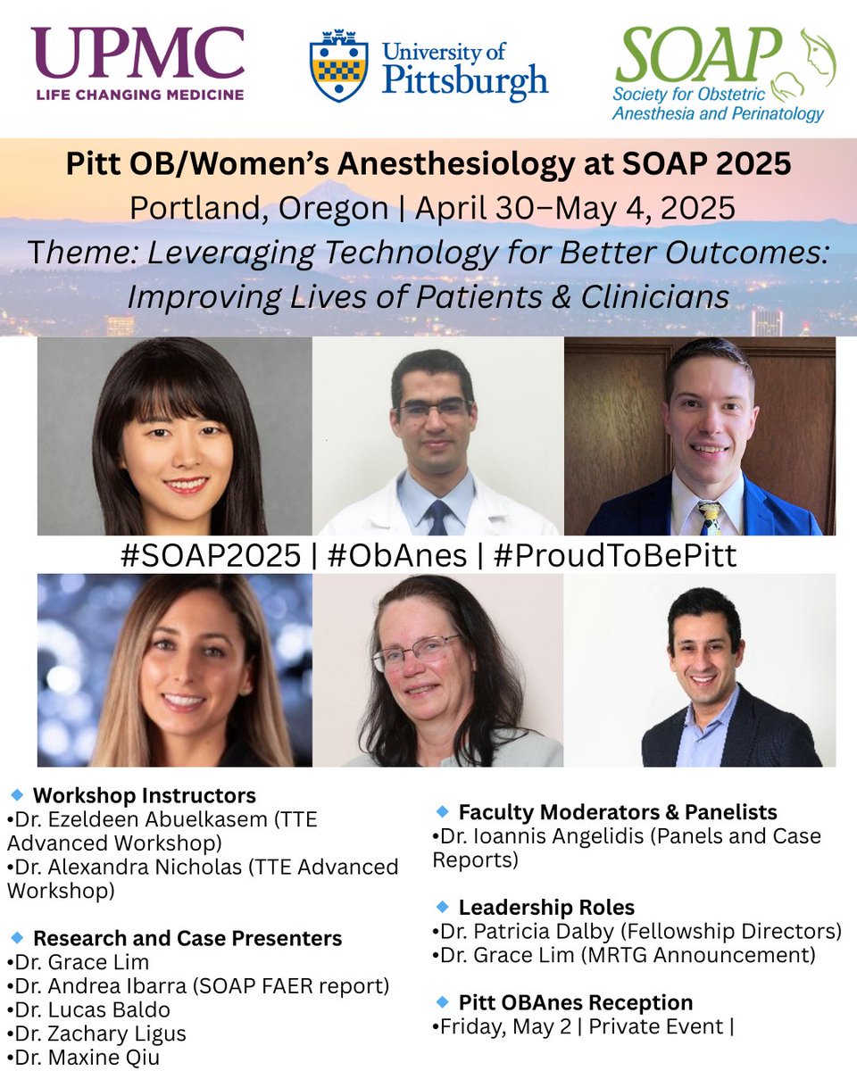 🎉 Proud to represent Pitt at #SOAPAM2025! 
🎤 Panels • 🧪 Research • 📚 Workshops • 🎖️ Leadership
📍Portland, OR | Apr 30–May 4
<a href="/PittAnes/">Pitt Anesthesiology and Perioperative Medicine</a> <a href="/soap_hq/">Sparkle Soap Original HQ</a> @asa_hq <a href="/PittAnesRes/">Pitt/UPMC Anesthesiology Residency</a> <a href="/UPMC_RFAC/">UPMC Resident Fellow Association Committee (RFAC)</a>
#ObAnes #Anesthesiology #MedEd