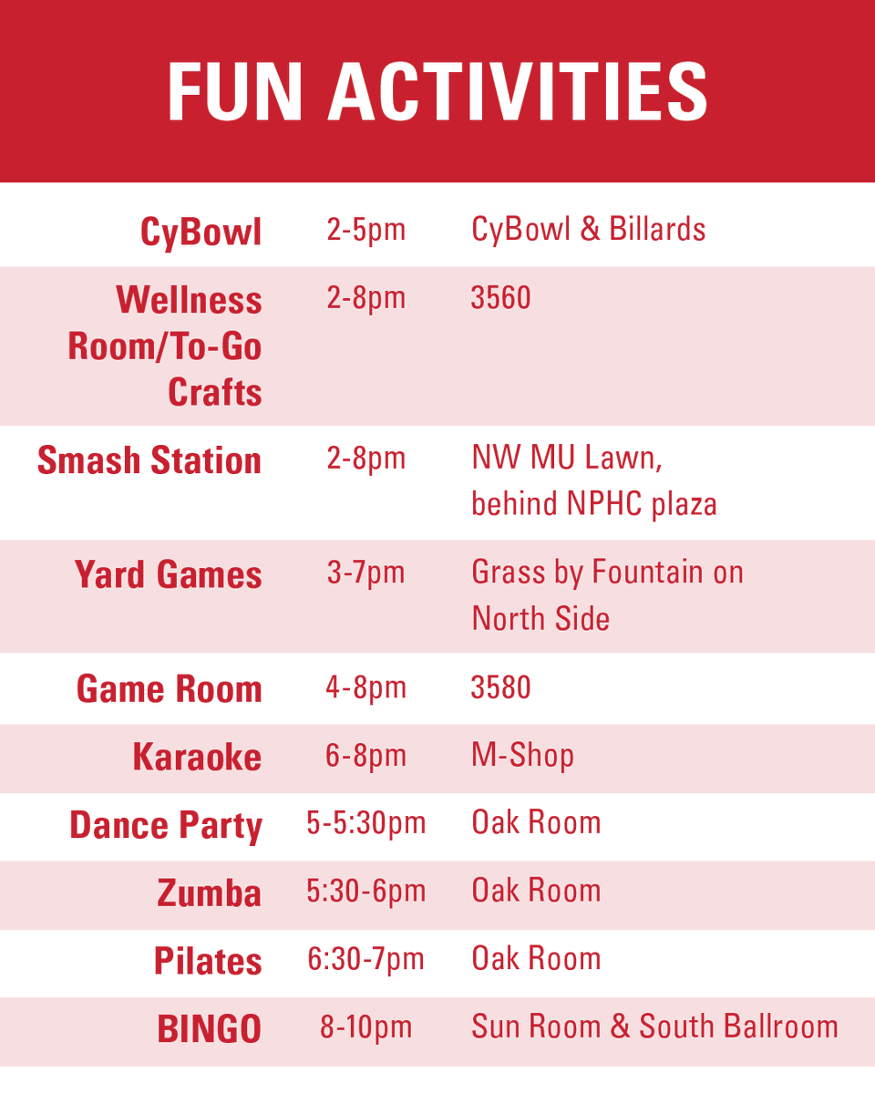 Cyclones, mark your calendars - Cy's Finals Frenzy kicks off Sunday May 4 at 2pm! Here's the schedule for Day 1 of the event. NEW this year - an outdoor grill out, a game room, as well as a Dance Party, Zumba and Pilates (ALL in the MU!) studentaffairs.iastate.edu/finals