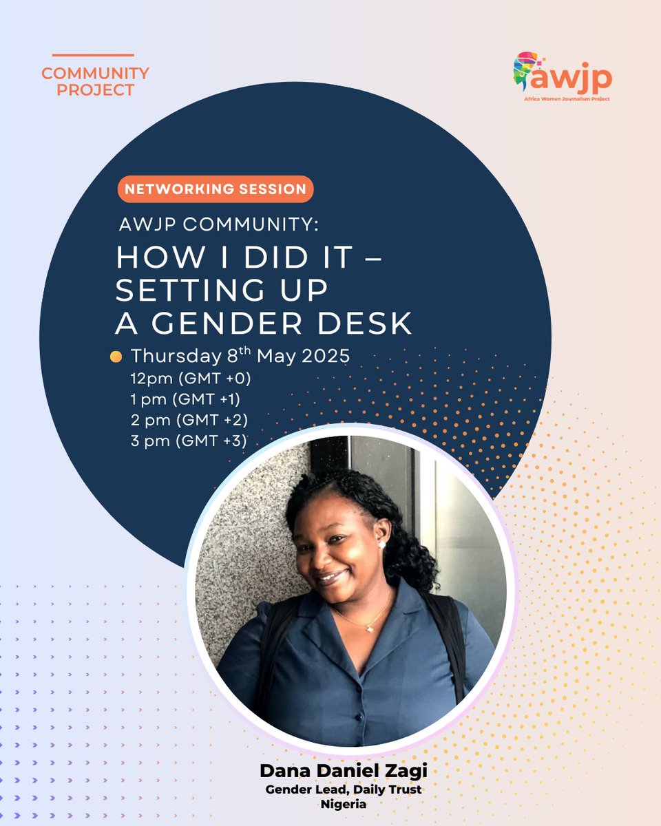 theawjp's tweet photo. Women journalists — save the date.
On May 8, @dee_4dana shares how she built a Gender Desk at @daily_trust 
Get tips, tools, and strategies you can use now.
12 PM GMT | 1 PM GMT+1 | 3 PM GMT+3
Sign up now: https://t.co/c7f7L9mNq0 https://t.co/nBvGqXBKOS