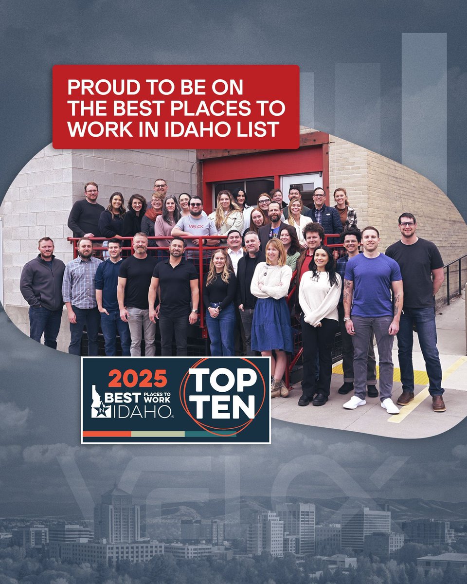 We're thrilled to be ranked among the Top 10 Best Places to Work in Idaho, both in Southwest Idaho and statewide!

Creating a workplace our team loves is at the heart of everything we do. Huge thanks to our incredible employees for making every day a great one!

#VELOX