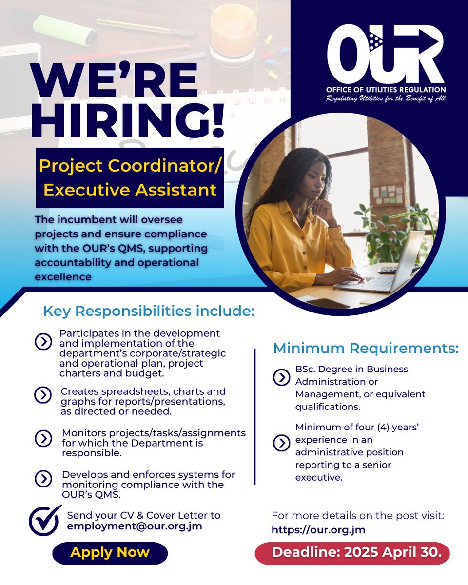 TheOURja's tweet image. Join the OUR as a Project Coordinator/Executive Assistant.​
Ready to bring structure, strategy, and support to the forefront?​
📩 Apply today.​
Email:  employment@our.org.jm​
#JoinTheOUR #ProjectCoordinator