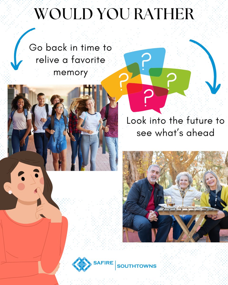 💡 Would You Rather?
Would you prefer to journey back and relive a cherished memory 🕰️ or take a peek into the future to see what awaits? 🔮 Share your choice and why in the comments—we want to hear from you! 😊

#Southtowns #StaySharp #SkilledNursing #SeniorCare #BrainTeaser