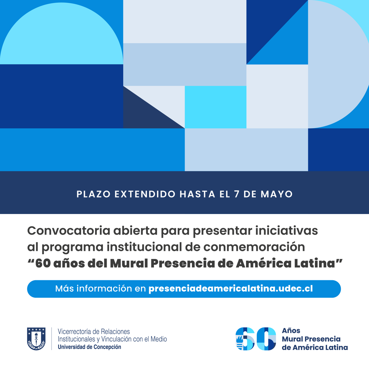 📣¡Extensión de plazo!

💥Hasta el 7 de mayo se pueden presentar propuestas para conmemorar los 𝟲𝟬 𝗮ñ𝗼𝘀 𝗱𝗲𝗹 𝗠𝘂𝗿𝗮𝗹 “𝗣𝗿𝗲𝘀𝗲𝗻𝗰𝗶𝗮 𝗱𝗲 𝗔𝗺𝗲́𝗿𝗶𝗰𝗮 𝗟𝗮𝘁𝗶𝗻𝗮”. 

💬Más información y formularios de postulación en f.mtr.cool/djrfzwkidz