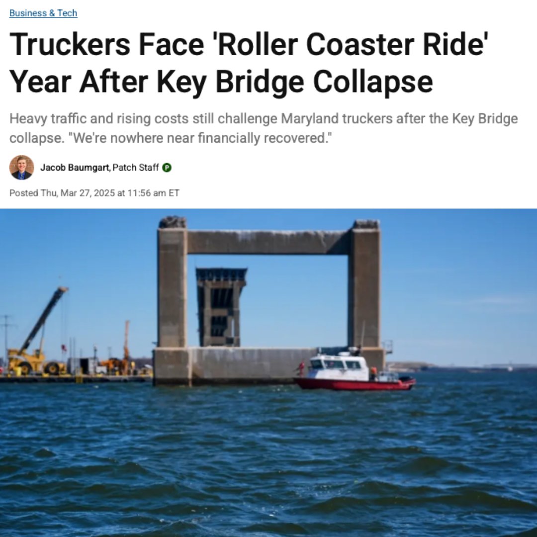 MDmotorTruck's tweet image. #ICYMI | Resilience, community, and grit have kept companies moving forward after the Key Bridge collapse. Read how Maryland truckers are navigating a "roller coaster ride" year after the collapse. 👉 patch.com/maryland/perry… #MMTA #KeyBridgeCollapse #DrayageSolutions