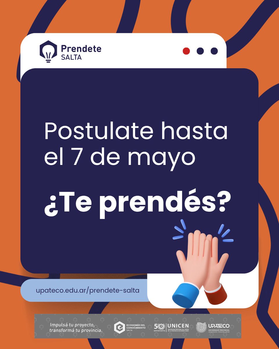 ¿Tenés una idea innovadora? ¡Sumate a #PrendeteSalta2025!
🚀Del 19 al 23/5: capacitaciones, mentorías y premios a los mejores proyectos.
⚠️Postulate hasta el 7/5 en
upateco.edu.ar/prendete-salta

#Innovación #Emprendedores #UPATECO #Salta