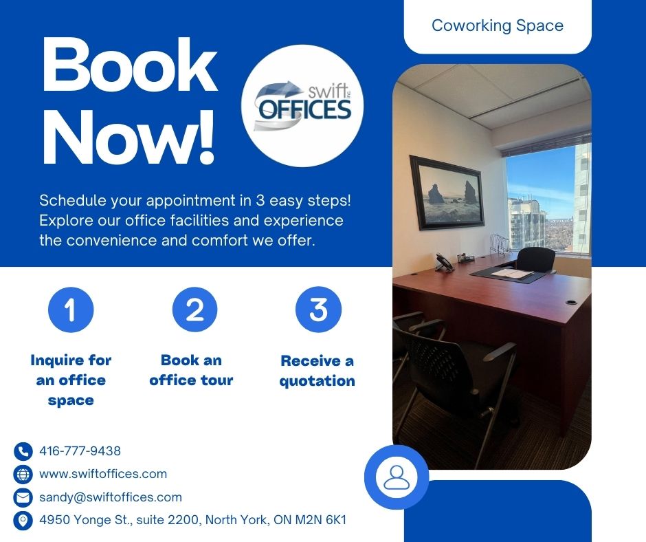 Swift Offices (@swiftoffices) on Twitter photo Want to book a tour of our offices and facilities? Contact us via website, email, or phone. We're excited to meet you!
☏ (416)-777-9438
✉ sandy@swiftoffices.com
#SwiftOffices #CoworkingSpace #Offices #OfficeLeasing #OfficeSpace #OfficeSpaceForRent #OfficeRental #Toronto Want to book a tour of our offices and facilities? Contact us via website, email, or phone. We're excited to meet you!
☏ (416)-777-9438
✉ sandy@swiftoffices.com
#SwiftOffices #CoworkingSpace #Offices #OfficeLeasing #OfficeSpace #OfficeSpaceForRent #OfficeRental #Toronto