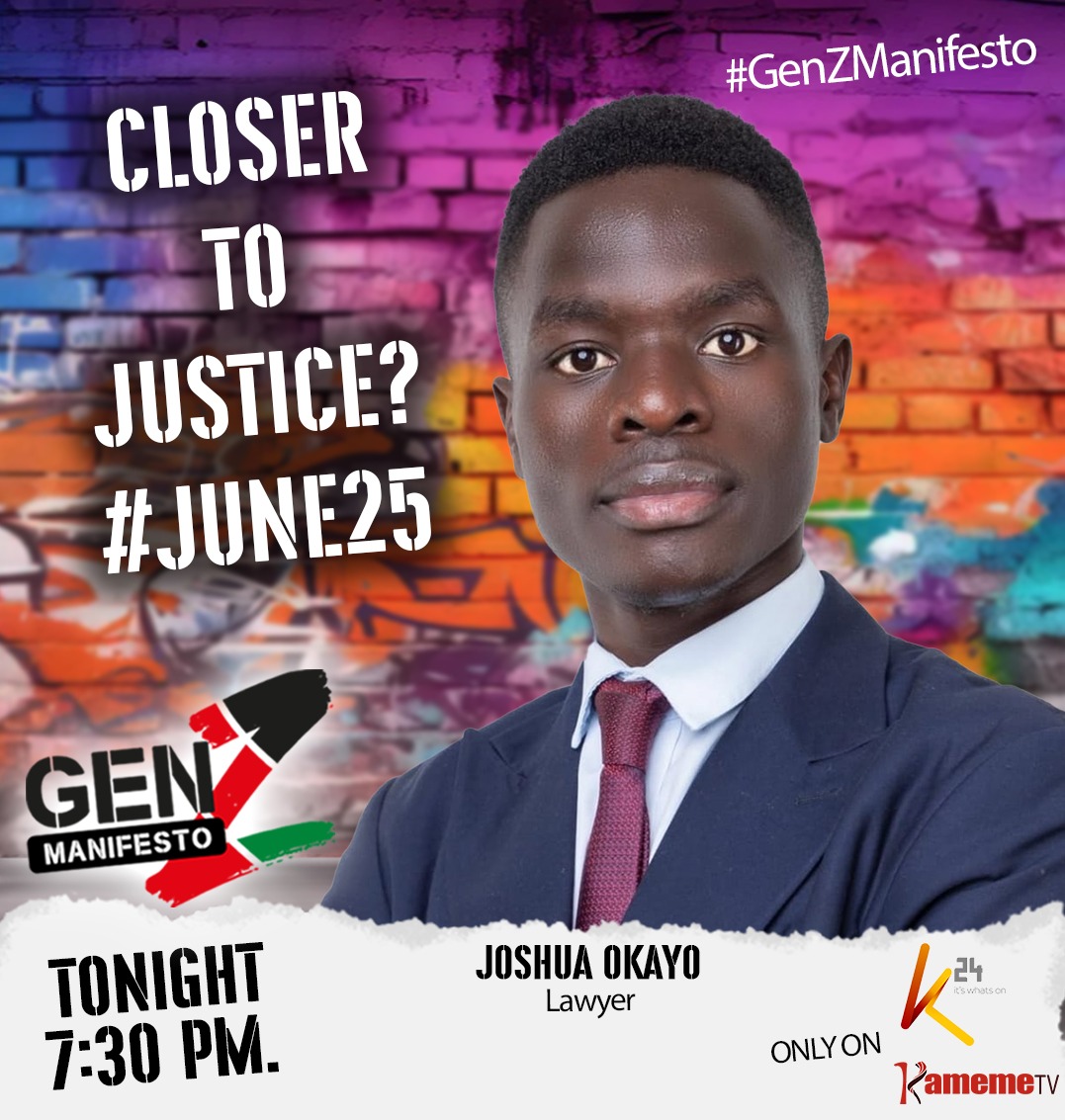 K24Tv's tweet photo. The June 25th protests awakened a generation—but the search for answers continues.What does justice really mean for Kenya’s youth? Be part of the conversation tonight on #GenZManifesto 7:30 PM | K24TV & Kameme TV #JusticeForJune25 #GenZManifesto https://t.co/Ue3Cpqzc1O