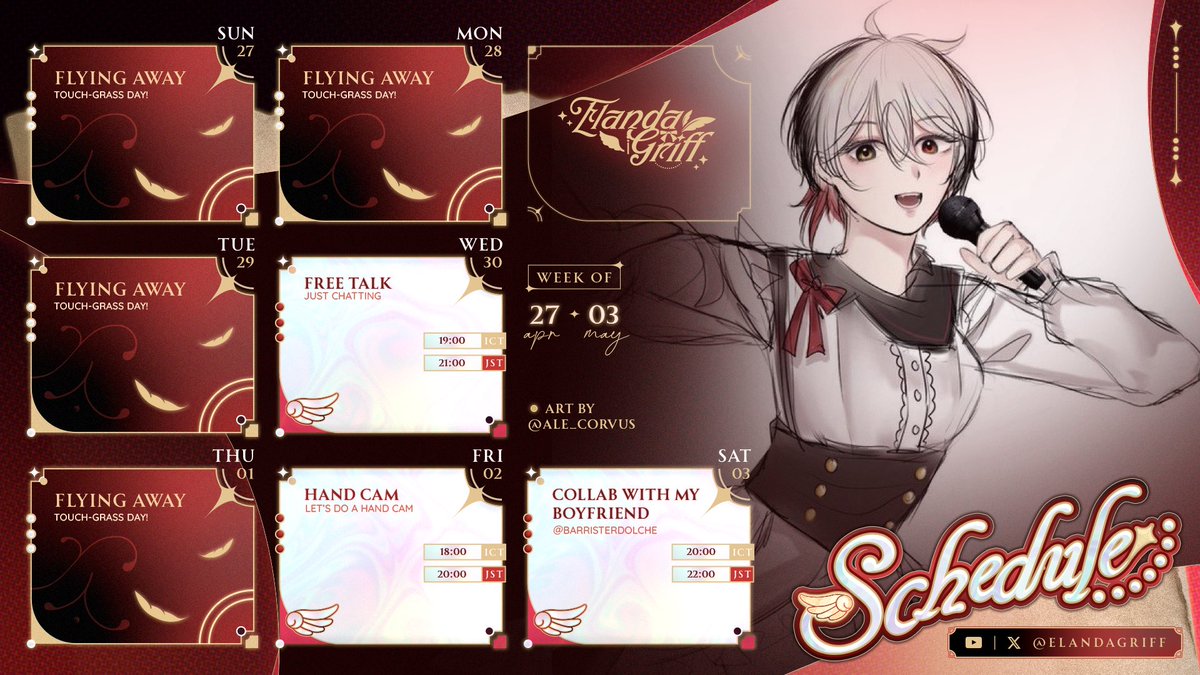 【 SCHEDULE 】 27 APR - 03 MAY

วันพุธมาคุยกัน ส่วนวันศุกร์จะได้ลองแฮนด์แคมแล้วค่ะ!
วันเสาร์ไปช่อง <a href="/BarristerDolche/">DolcheB ☕🎮 | บาริสต้าที่ดีไซน์เกมเป็นนิดหน่อย</a> นะคะ

#ElandaGriff #ElandaLive 
#VtuberTH #Vtuber