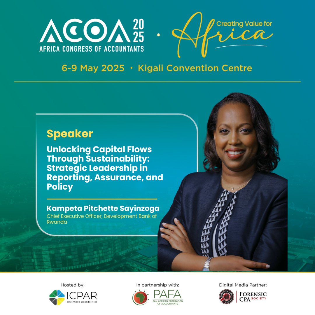 ICPAR (@i_cpar) on Twitter photo The "why" of sustainable capital flow is clear. Now, discover the "how" with <a href="/Ksayinzoga/">Kampeta Pitchette Sayinzoga</a>, CEO of the <a href="/BRDbank/">Development Bank of Rwanda, PLC.</a>, at #ACOA2025. Her insights into strategic leadership, reporting, assurance, and policy are invaluable.
Join the conversations: acoa2025.com The "why" of sustainable capital flow is clear. Now, discover the "how" with <a href="/Ksayinzoga/">Kampeta Pitchette Sayinzoga</a>, CEO of the <a href="/BRDbank/">Development Bank of Rwanda, PLC.</a>, at #ACOA2025. Her insights into strategic leadership, reporting, assurance, and policy are invaluable.
Join the conversations: acoa2025.com