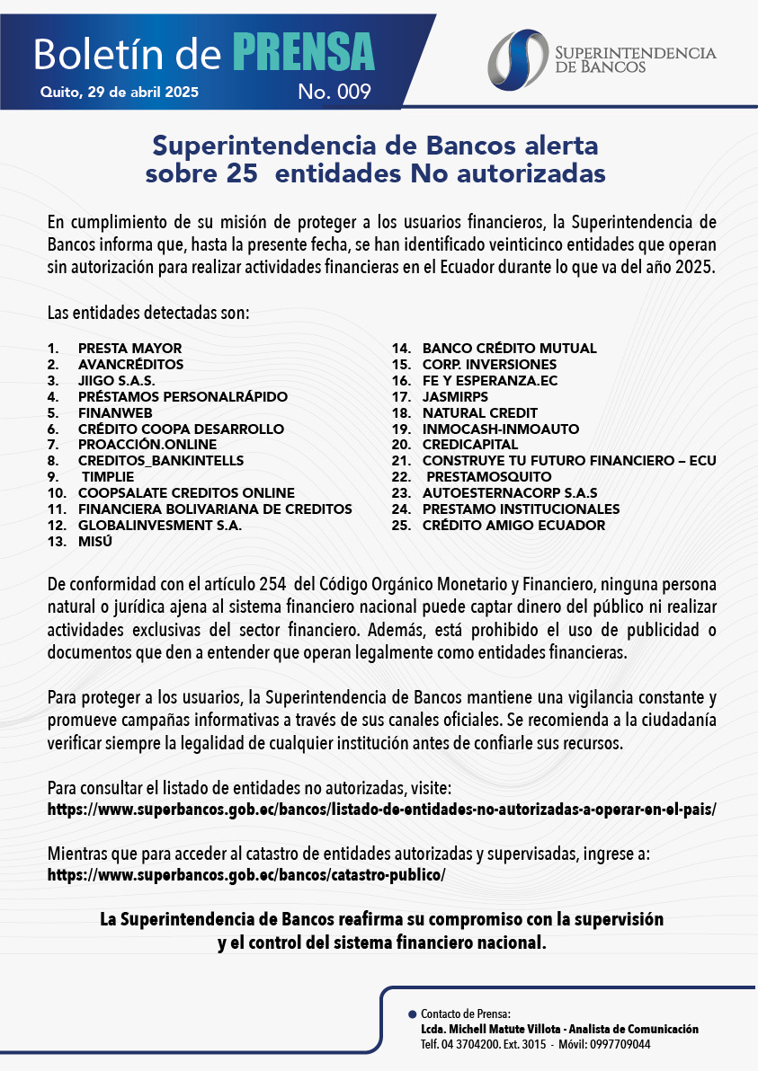 superbancosEC's tweet photo. 🗞️Boletín | Alertamos sobre 2⃣5⃣ entidades No Autorizadas para realizar actividades reservadas al Sistema Financiero Nacional.

📄Lee la nota completa aquí 👇🏻
➡️https://t.co/zeUWnHcJZk

#Supervisión #Control #Transparencia https://t.co/YX8BznPyx8