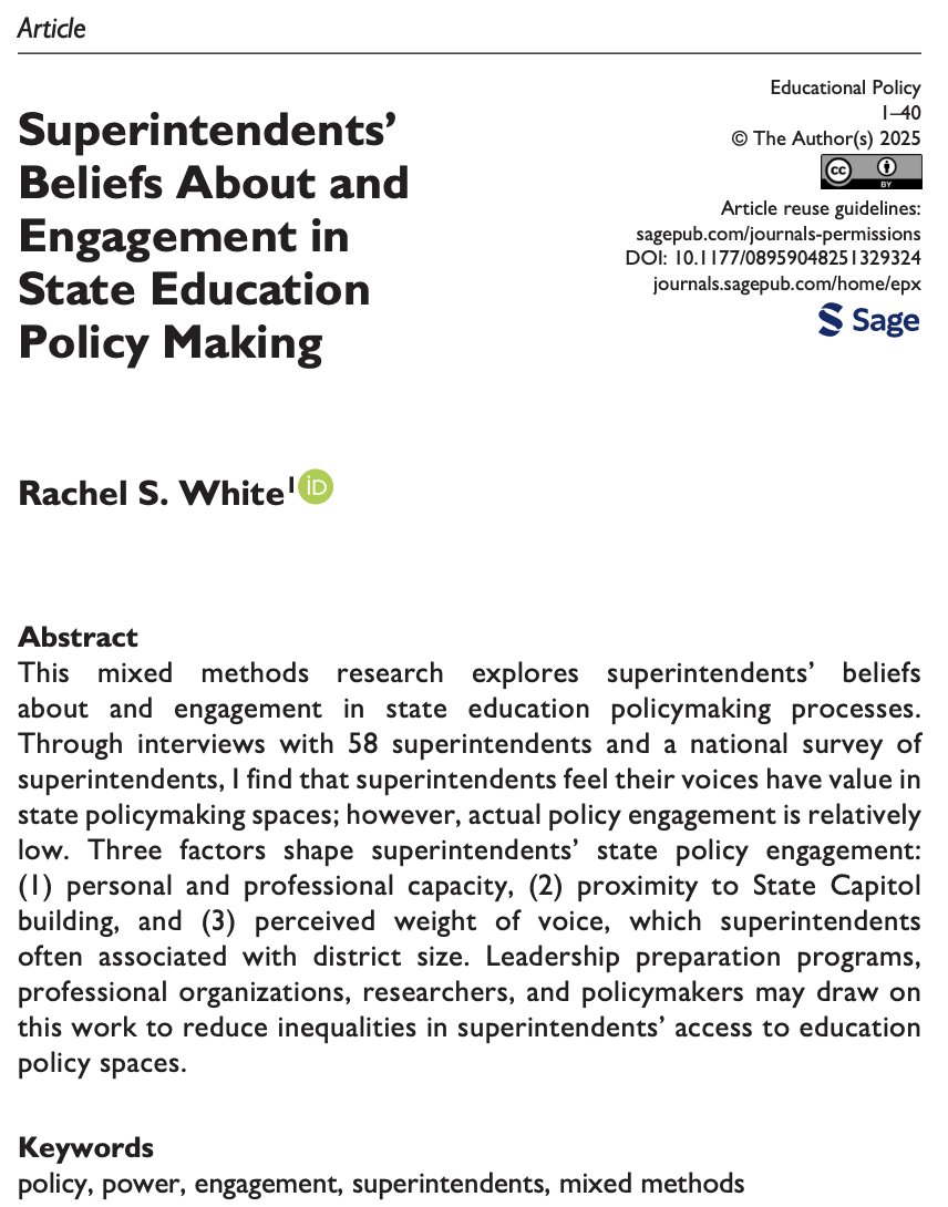 🚨New pub out in Educational Policy: "Superintendents’ Beliefs About and Engagement in State Education Policy Making" 

In this study, I conducted a nat'l survey of supts &amp; in-depth interviews w 58 supts, to explore supts beliefs about their role is in shaping state policy, how