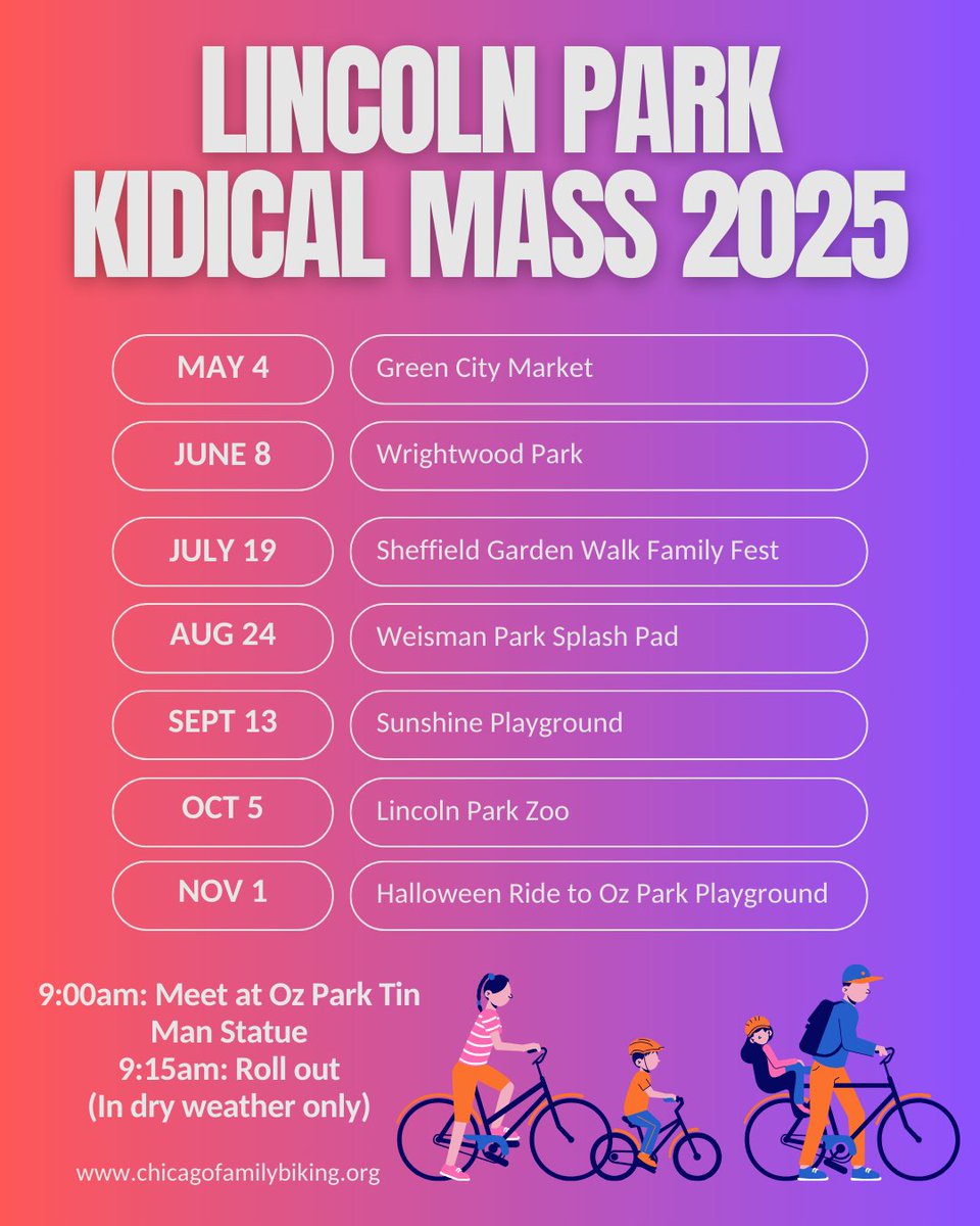 I am excited to announce the 2025 season of Kidical Mass Lincoln Park with <a href="/ChiFamilyBiking/">🚲 Chicago Family Biking 🚲</a>! Put these dates in your family calendars and come ride with us to a new destination every month starting this Sunday.