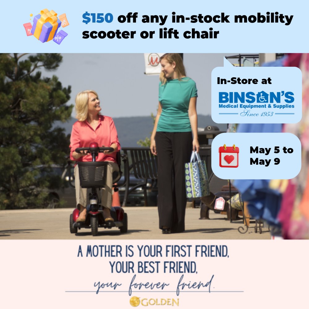 Binsonsmedical's tweet image. Mother’s Day is just around the corner! Give your mom the gift she deserves with $150 off on mobility scooters and lift chairs, available in-store from May 5-9. 

#GiftOfMobility #MothersDayDeals #ShopInStore
