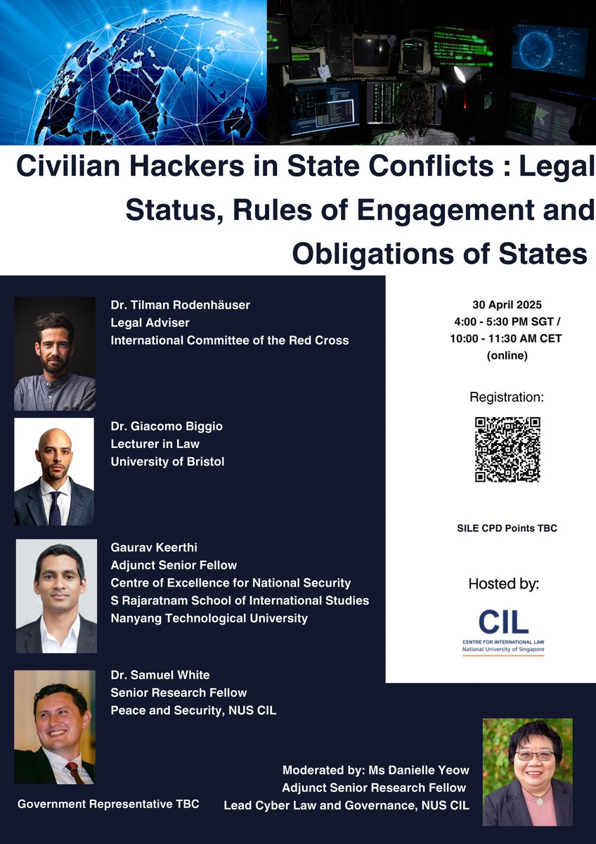 Register for tomorrow’s webinar on "Civilian hackers in war": cil.nus.edu.sg/event/civilian…

➡️What are the origins and impact of the <a href="/ICRC/">ICRC</a> ‘8 Rules for Hackers’?

➡️What legal status for hackers in war?

➡️What is the responsibility of States?