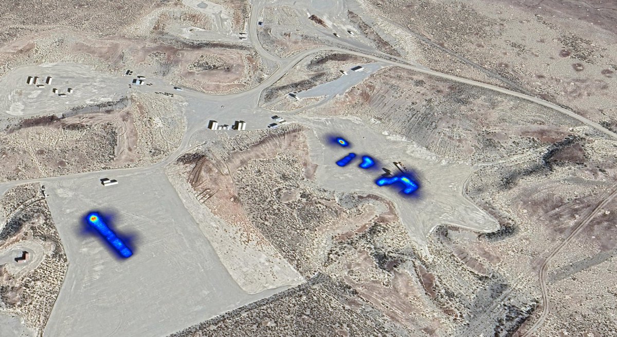 H3D was part of a campaign to image radiation from emulated ground-contamination. #radiation image reconstructions were overlaid onto a Google Earth picture of the test area. Point sources were arranged to show that H3D's 3D CZT detectors &amp; algorithms can handle complex scenarios