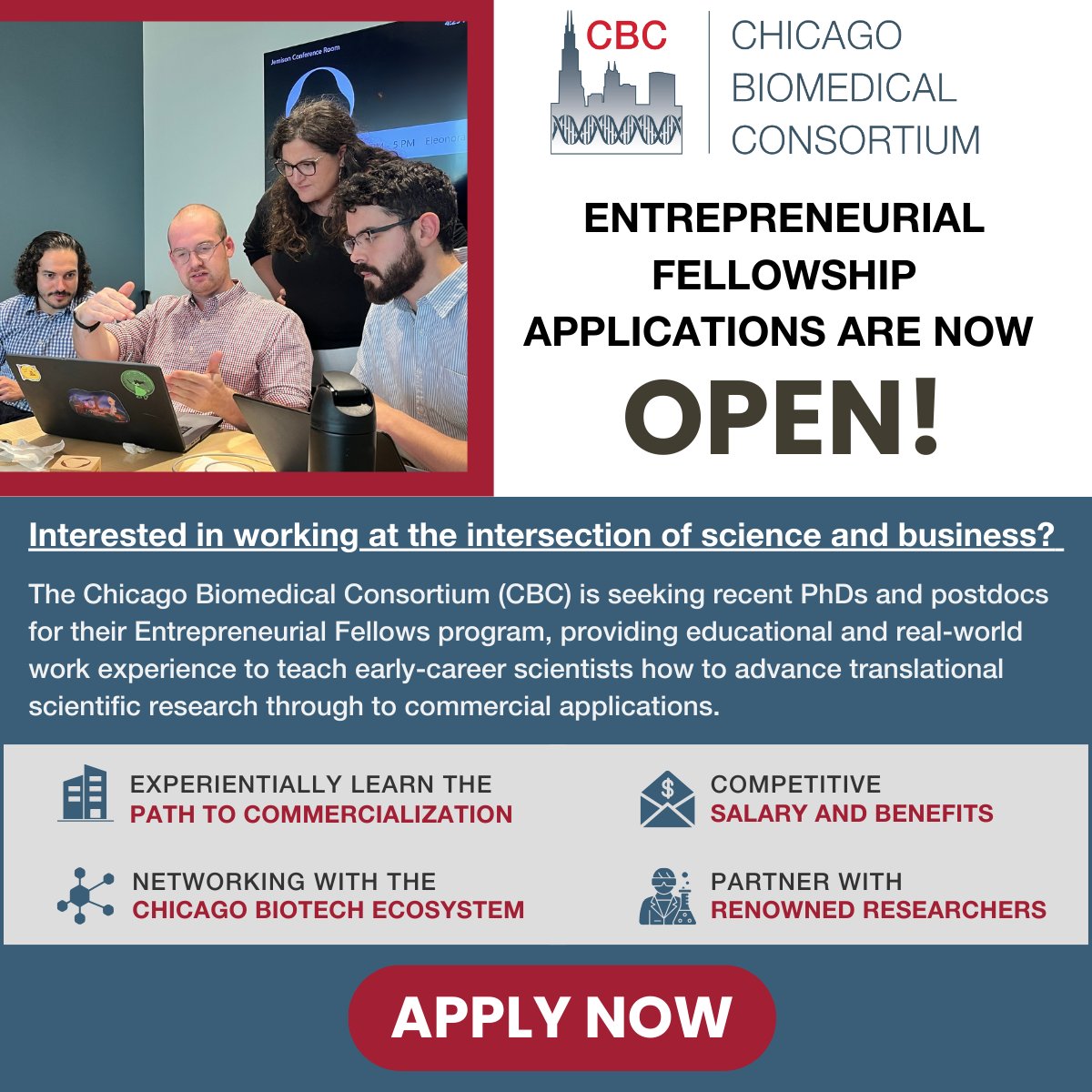 ⏳ Time is Running Out! ⏳

The deadline to apply for the CBC Entrepreneurial Fellowship Program is fast approaching! 

📆 Application deadline: May 2, 2025
🔗 Apply now: ow.ly/Yl9i50VmsKr

#LastChance #ChicagoBiotech #FutureFounders #EntrepreneurialScience