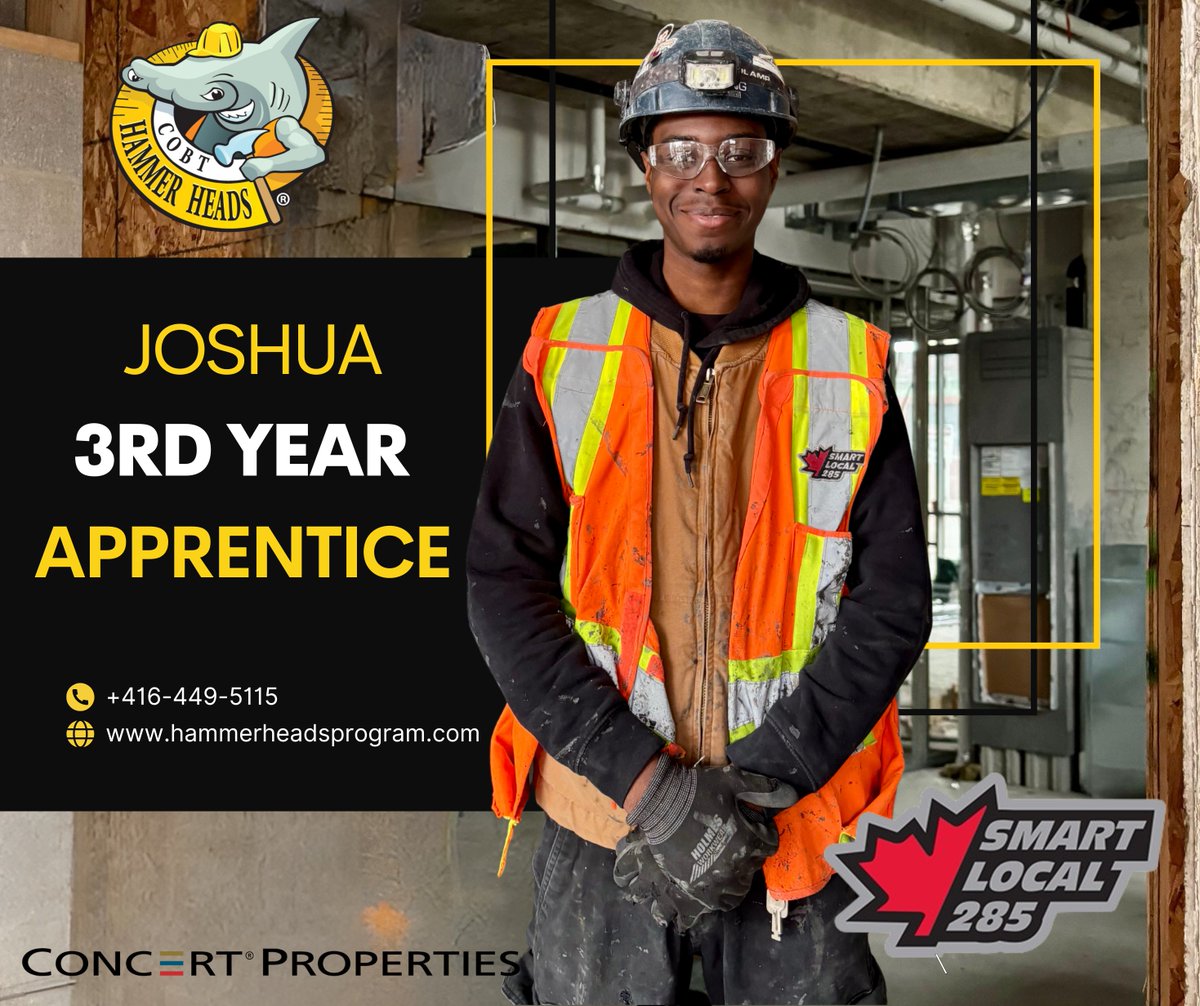 Another Hammer Heads graduate is on the rise!

Shoutout to Joshua, who is now a 3rd-year apprentice with #SMARTLocal285 working for #Cooltech on a @concertprop site.  

From placement to progress, Joshua continues to build a solid career in the skilled trades. Keep it up, Joshua!