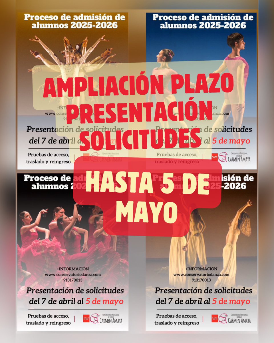AVISO IMPORTANTE: AMPLIACIÓN DEL PLAZO PARA PRESENTACIÓN DE SOLICITUDES EN EL PROCESO DE ADMISIÓN HASTA EL 5 MAYO INCLUIDO.

#conservatoriodanza #danza #ProcesoDeAdmision #PruebasDeAcceso #Traslado #Reingreso