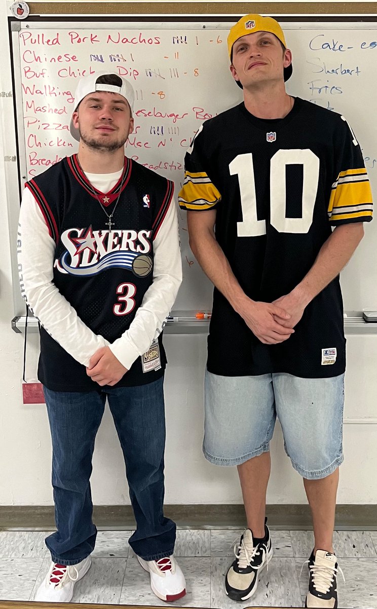 Big <a href="/KSlash10/">Kordell Stewart</a> and <a href="/alleniverson/">Allen Iverson</a> jerseys with baggy denim for “Dress Like the 2000s” spirit day for me and <a href="/Ruppmaster24/">Rylan Rupp</a>