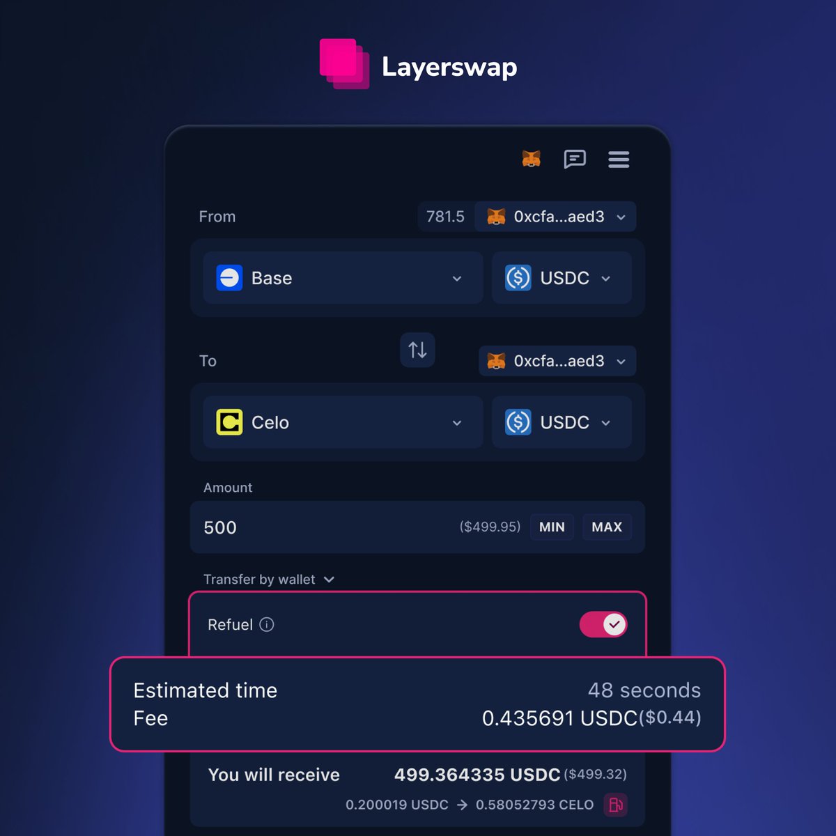 Layerswap (@layerswap) on Twitter photo Bridge from any supported chain to <a href="/Celo/">Celo.eth/acc π¦ π³</a> with unbeatable fees and speed.
Plus, take advantage of our refuel feature β easily convert a portion of your assets into $CELO to cover gas fees.
Easy-peasy! Bridge from any supported chain to <a href="/Celo/">Celo.eth/acc π¦ π³</a> with unbeatable fees and speed.
Plus, take advantage of our refuel feature β easily convert a portion of your assets into $CELO to cover gas fees.
Easy-peasy!