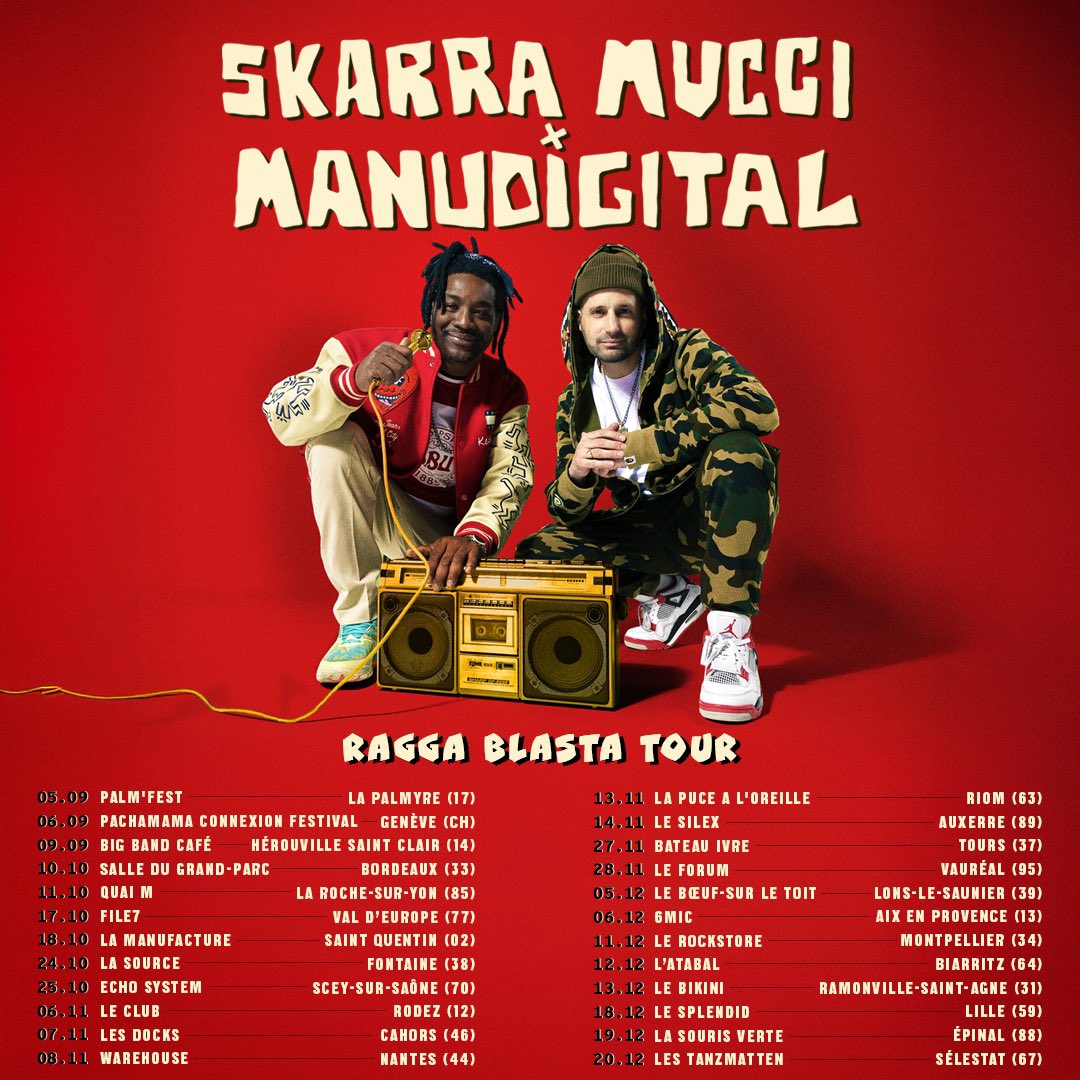 MANUDIGITAL (@manudigital) on Twitter photo Retouvez nous pour notre nouvelle tournée "Ragga Blasta Tour" ! Un tout nouveau show explosif créé par nos soins
Voici les premières dates de la tournée, on vous en dit plus dans peu de temps
Les billets sont dispo 💥 shotgun.live/artists/manudi… Retouvez nous pour notre nouvelle tournée "Ragga Blasta Tour" ! Un tout nouveau show explosif créé par nos soins
Voici les premières dates de la tournée, on vous en dit plus dans peu de temps
Les billets sont dispo 💥 shotgun.live/artists/manudi…