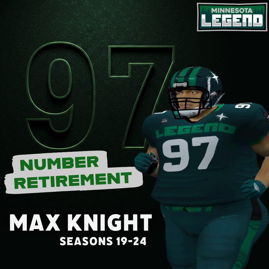 Minnesota Legend - Official SFL Team (@mn_legend_sfl) on Twitter photo No Legend will ever wear #97 again. Happy retirement, Max! <a href="/simulationfl/">Simulation Football League</a> #Legend4Life #Believe #Football #Retirement #SFL No Legend will ever wear #97 again. Happy retirement, Max! <a href="/simulationfl/">Simulation Football League</a> #Legend4Life #Believe #Football #Retirement #SFL
