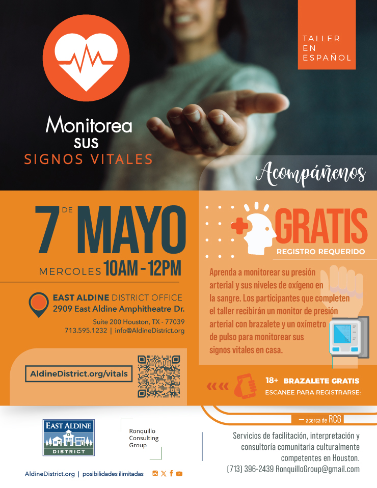 Aprenda a monitorear su presión arterial y sus niveles de oxígeno en la sangre. Los participantes que completen el taller recibirán un monitor de presión arterial con brazalete y un oxímetro de pulso para monitorear sus signos vitales en casa. aldinedistrict.org/workshop-monit…