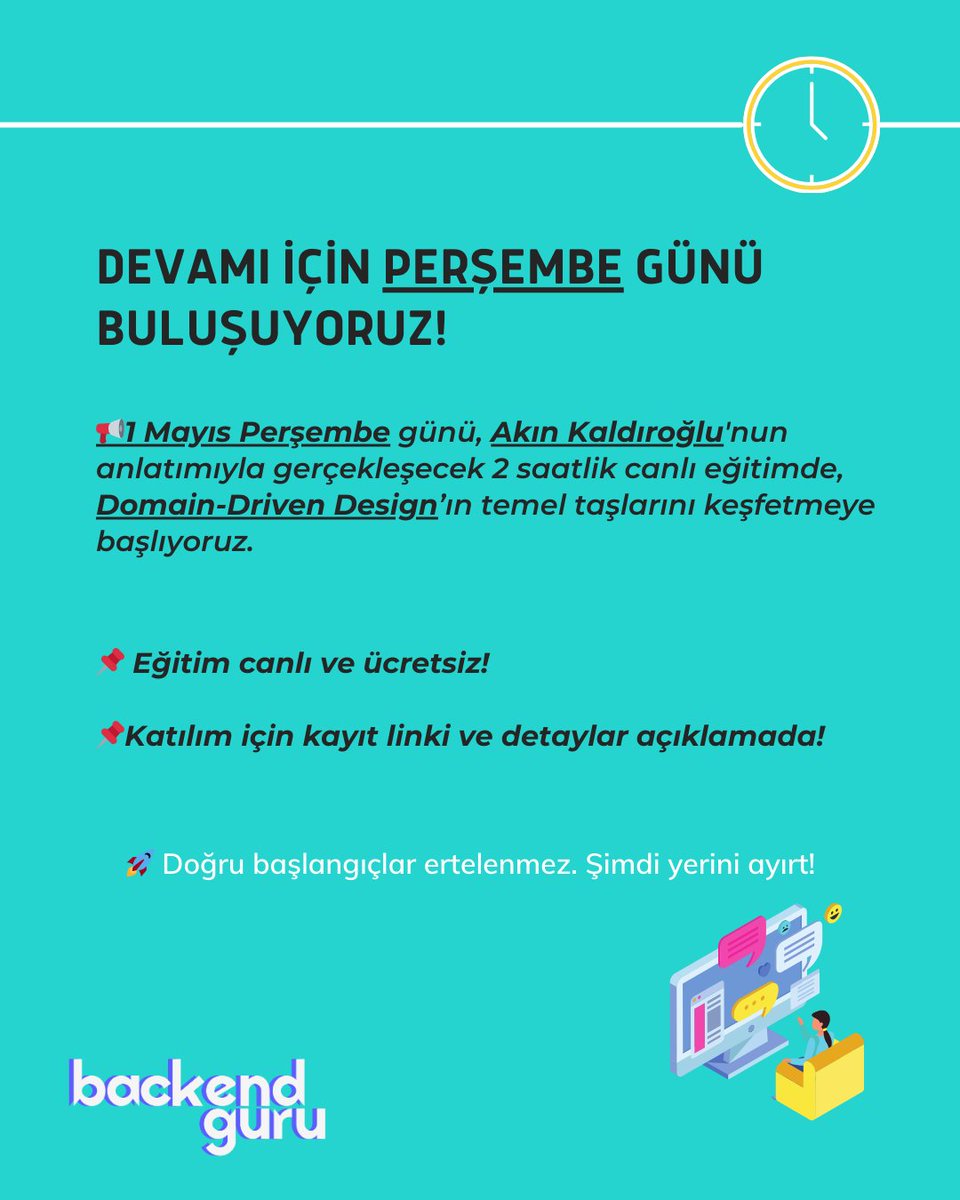 🎯Teknik bilgi seni yola çıkarır.DDD ise doğru hedefe varmanı sağlar. 
Bu Perşembe canlı oturumda buluşalım!👇Kayıt Linki Yorumda!👇

❓Kodlama biliyorsun. Ama iş problemini gerçekten anlayabiliyor musun? 
❓Modeli doğru kurup, çözümünü gerçekten doğru hedefe yönlendirebiliyor